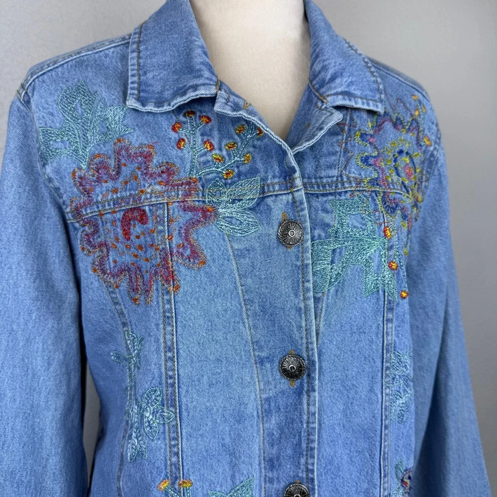 Vintage 90s White Stag Denim Beaded Jacket Embroidered Floral Button Up Large - Picture 4 of 10